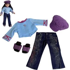 American Girl Doll Glitter Jean Outfit Blue Jeans Newsboy Hat Top Platform Shoes
